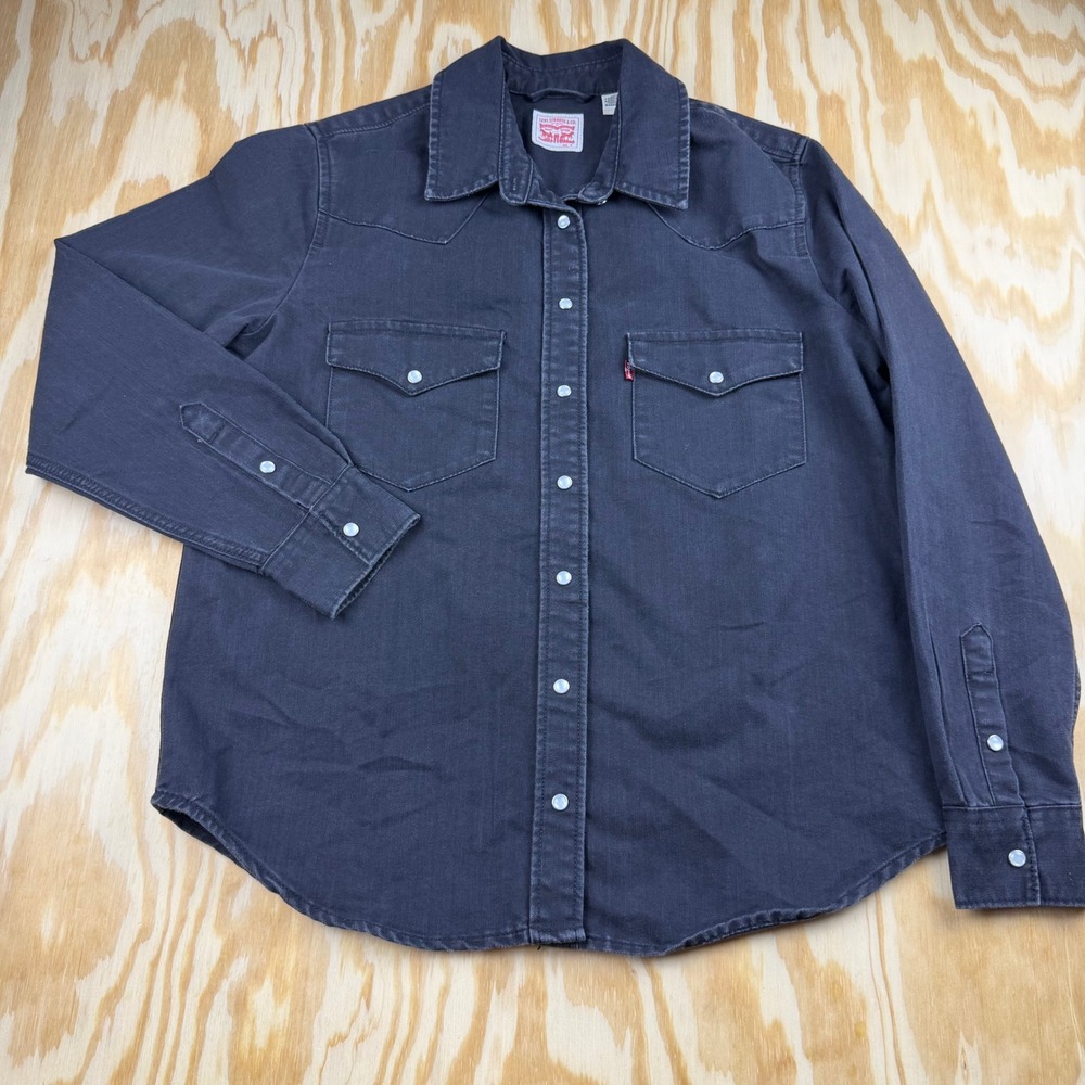 Levis Mens Western Pearl Snap Denim Shirt Faded Black Long Sleeve Size M